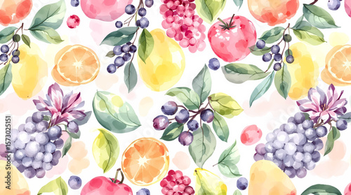 Seamless pattern of fresh fruits and vegetables on a white background
