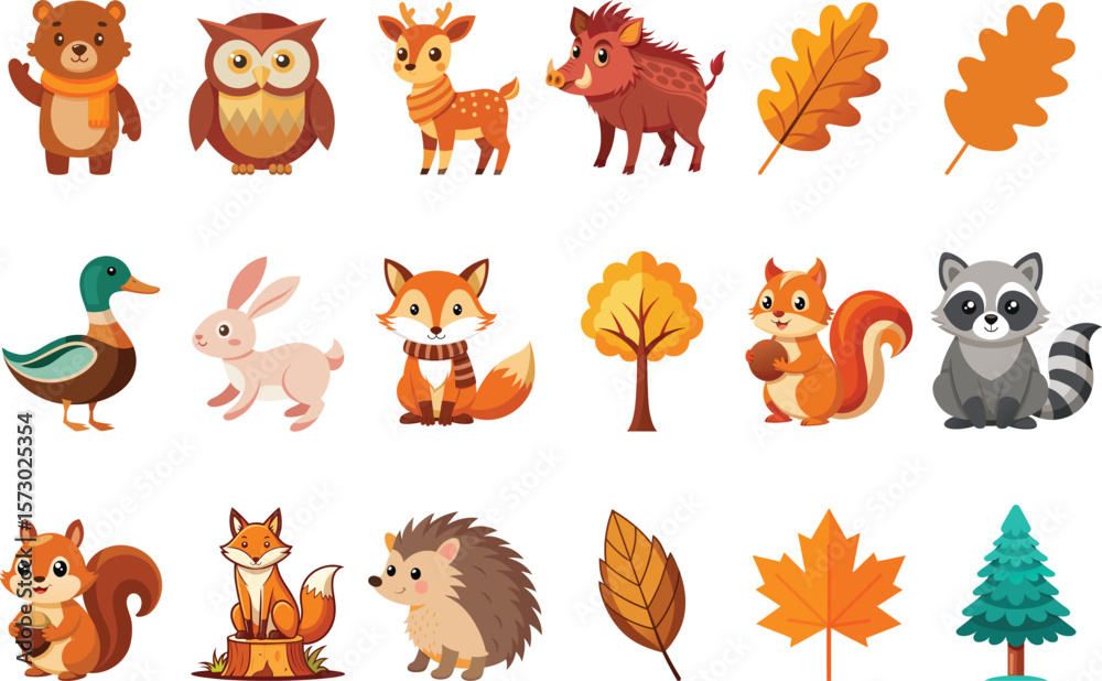 Obraz premium Adorable autumn animals and leaves a cute collection for fall