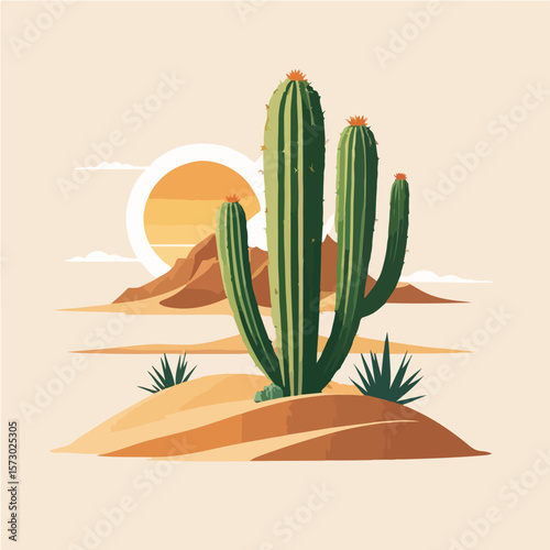 logo of a small cactus beside rolling desert sand dunes