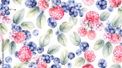 Watercolor hand drawn berries seamless pattern. Painted isolated fruit illustration on white background