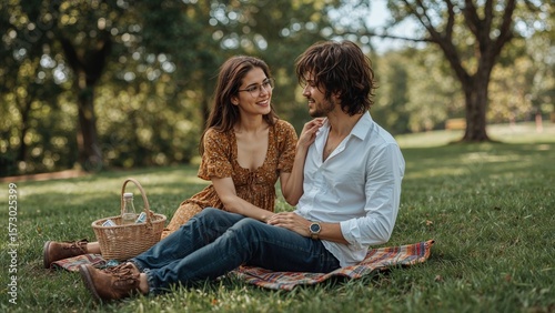Fototapeta Naklejka Na Ścianę i Meble -  Happy young couple enjoying a romantic picnic on a blanket in a beautiful park.