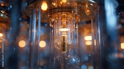 A photorealistic render of a quantum computer core, with glowing, suspended elements and intricate wiring in a cryogenic chamber, future of computing.
