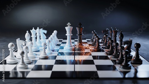 Magical Chess Duel On A Glowing Board With Blue And Orange Arcs Of Energy