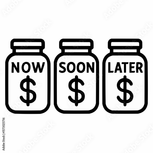 Three money jars labeled 'Now', 'Soon', 'Later'. Withdrawal system