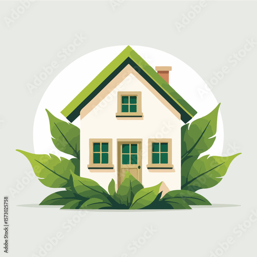 logo of a small house with a large green leaf as the roof or background
