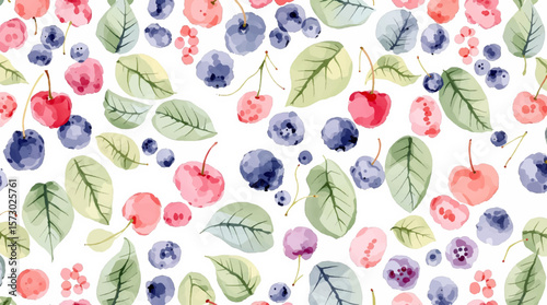 Seamless pattern of red, blue and purple berries on white background	
