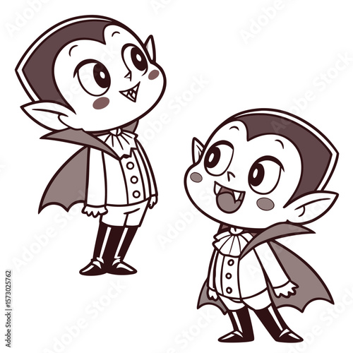 Two adorable cartoon vampires with big eyes and fangs dressed in classic dracula outfits with capes and ruffled collars isolated on a white background perfect for halloween