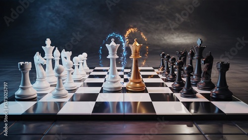 Magical Chess Duel On A Glowing Board With Blue And Orange Arcs Of Energy