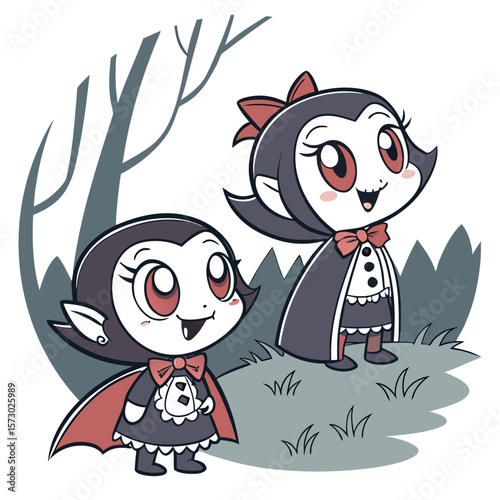 Two adorable cartoon baby vampires with big red eyes and capes stand in a spooky forest on halloween night smiling cheerfully