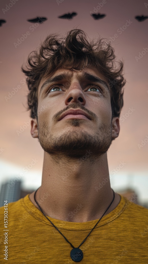 Obraz premium Young man looking up at the sky contemplatively.
