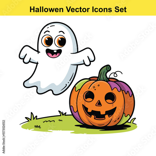 Vector art of a delightful halloween scene with a friendly ghost and a smiling pumpkin on the grass, creating a cute and spooky atmosphere for holiday designs