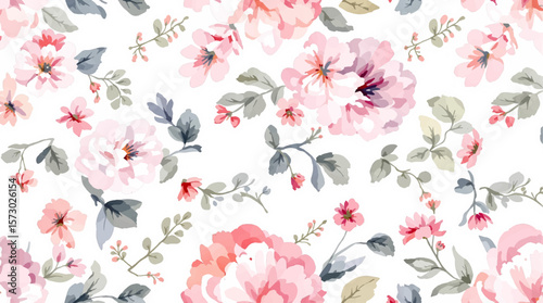 Watercolor floral seamless pattern with hand-painted blush pink flowers and green leaves on white background. Botanical print.	