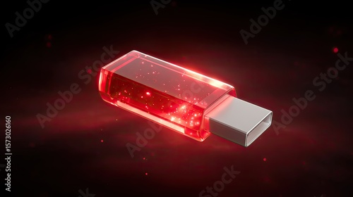 Futuristic USB Drive Design with Red Light and Sparkling Effects