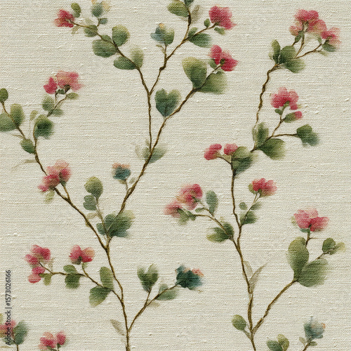 Delicate Watercolor Blossoms on Vine Seamless Pattern Design for Fabric and Wallpaper Background