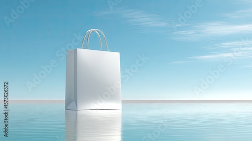 White Shopping Bag on Calm Water Against a Clear Blue Sky