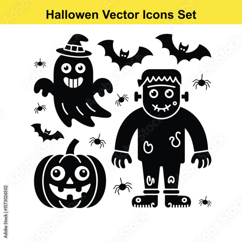 Vector art of a spooky halloween vector icons set featuring a ghost, bats, frankenstein, pumpkin, and spiders, perfect for holiday designs