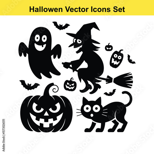 Vector art of a halloween vector icons set featuring a ghost, witch, pumpkin, and cat, perfect for spooky designs and decorations