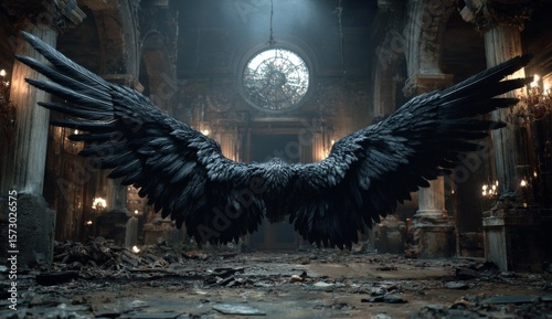 Doctors, Scientists and nurses in front of a black angel of death. Black wings, symbolizing the bribery, corruption, greed within the healthcare system. Damage caused by big pharma, pharmaceutical.