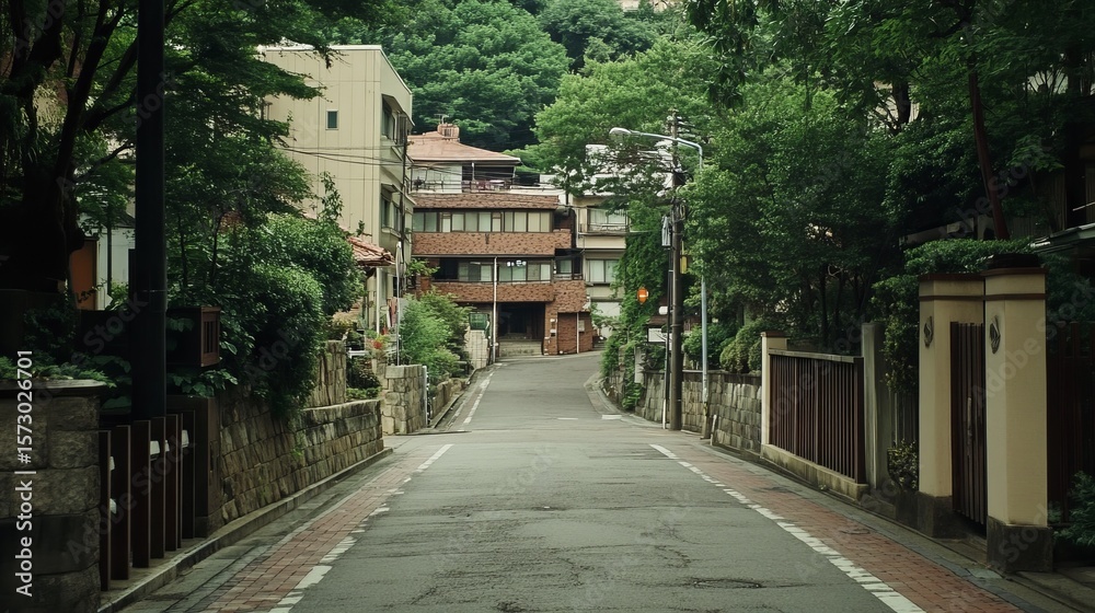 Serene residential street nestled in lush greenery, winding uphill past houses with unique architectural details Serene residential street nestled in lush greenery, winding uphill past houses with unique architectural details