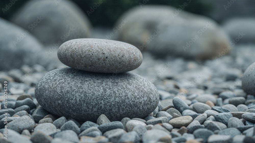 Zen balance of two stacked gray stones on a bed of natural pebbles outdoors, conveying tranquility. Zen balance of two stacked gray stones on a bed of natural pebbles outdoors, conveying tranquility.
