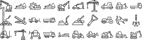 Construction vehicle icon line vector set, Vehicles Icons Excavator Bulldozer Backhoe Loader Mixer Crane Roller Forklift
