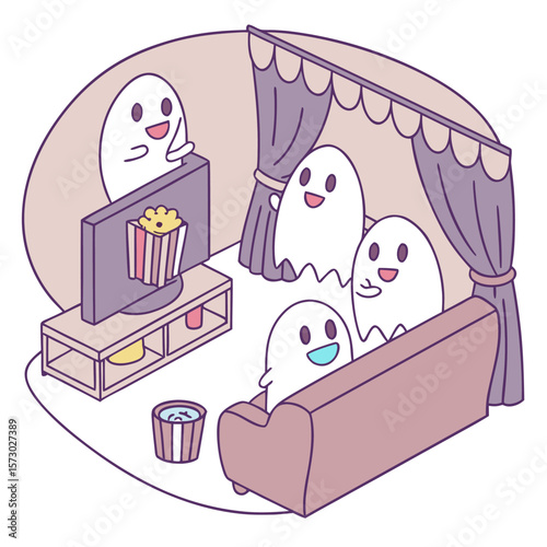 Cute cartoon ghosts enjoying a movie night together on a cozy couch with popcorn and drinks in a dimly lit room with purple curtains creating a private viewing space