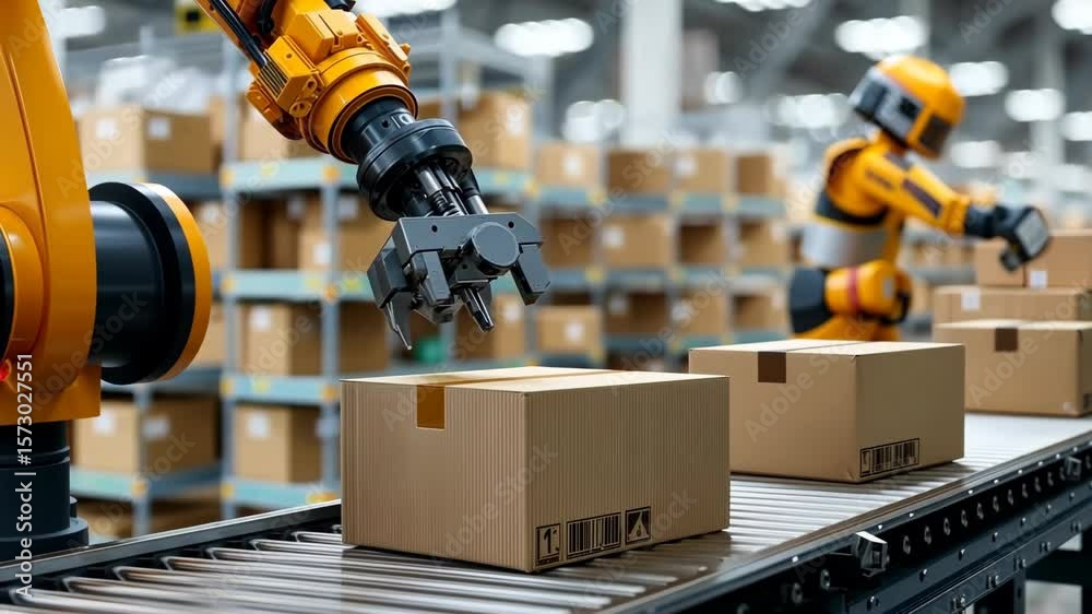 Robots automate packaging process in modern warehouse for efficient ...