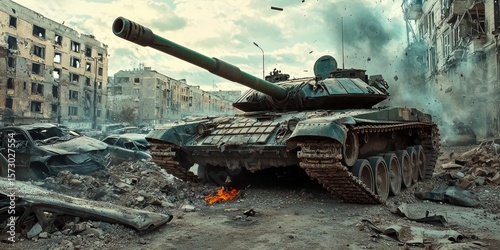 A tank crushing cars in an urban war zone