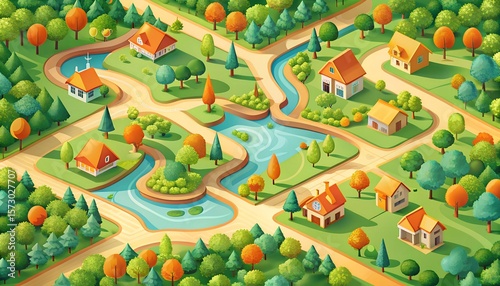 Photo of a charming birdseye view reveals a quaint village nestled amidst lush greenery, with a gently winding river flowing through its heart