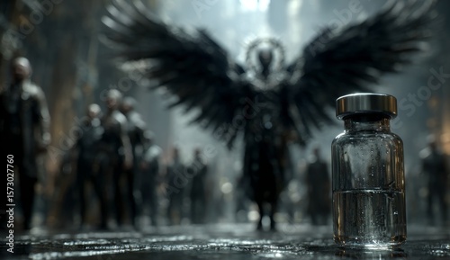 Doctors, Scientists and nurses in front of a black angel of death. Black wings, symbolizing the bribery, corruption, greed within the healthcare system. Damage caused by big pharma, pharmaceutical.