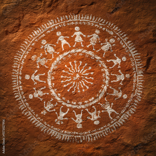 Seamless Tribal Pattern Featuring Warli Stick Figures Dancing in a Circular Design for Cultural Celebrations