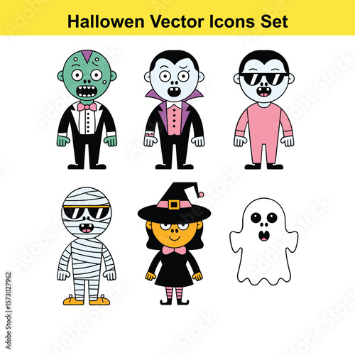 Vector art of a halloween vector icon set features a zombie, vampire, mummy, witch, and ghost, perfect for spooky celebrations