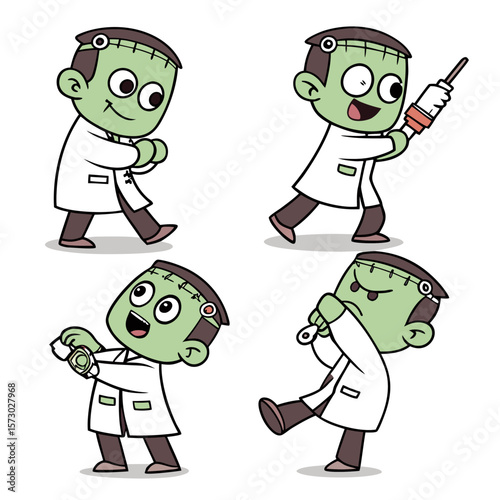 Cute cartoon frankenstein monster character in a lab coat performing various actions like walking holding a syringe checking a watch and listening with a stethoscope