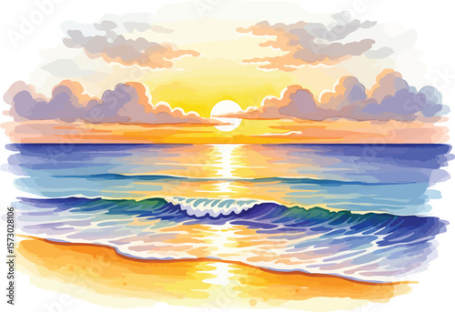Vibrant Tropical Sunset Over Ocean Waves - Watercolor Illustration

