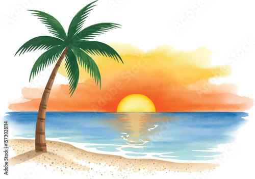 Tropical Sunset with Palm Tree on Beach - Watercolor Illustration