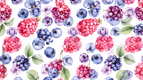 Seamless pattern of red, blue and purple berries on white background	