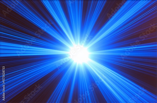 Abstract blue background with a glowing sunburst and dynamic light rays