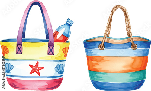 Watercolor Beach Bags Set with Summer Essentials - Isolated Illustration