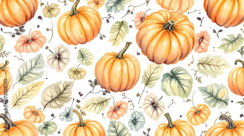 seamless watercolor pattern with orange pumpkins isolated on white background