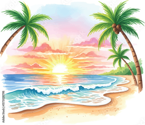 Vibrant Tropical Sunset Over Ocean Waves - Watercolor Illustration