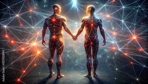 Photo of two ethereal figures stand hand in hand, their bodies forming a complex network of glowing lines, symbolizing unity and connection