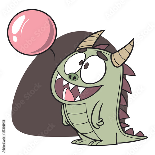 A cheerful cartoon green dragon with big eyes and horns is happily blowing a large pink bubble gum bubble looking excited and playful