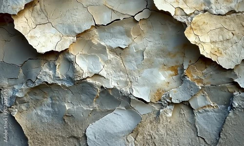Cracked and peeling paint texture on a weathered surface showcasing layers and colors in natural light