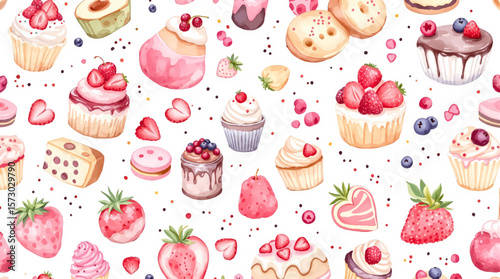 Watercolor Sweet desserts pattern on white background