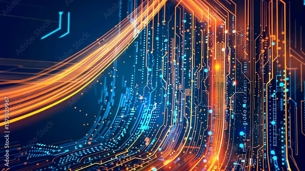 Orange and blue technology background featuring an intricate circuit board and cascading lines of code