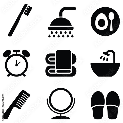 Bathroom icons toothbrush shower alarm clock comb mirror slippers