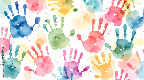 Watercolor pattern color children's handprints on white background