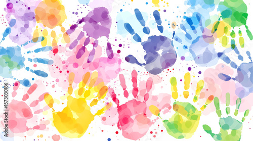Watercolor pattern color children's handprints on white background