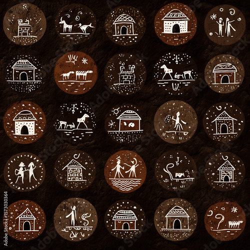 Seamless Warli Pattern Featuring Humans, Huts, and Animals in Artistic Motifs