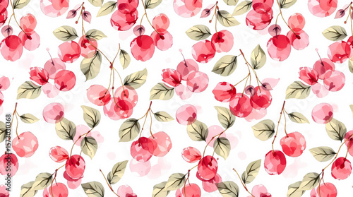 Watercolor background pattern cherries on white background
